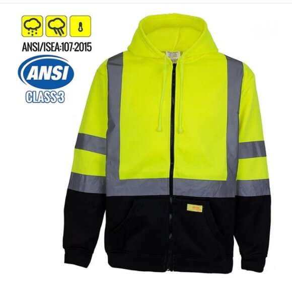 Hi Vis ANSI Class 3 Lime Safety Black Bottom Zip Up Fleece Hooded Sweatshirt 5XL - Picture 1 of 10